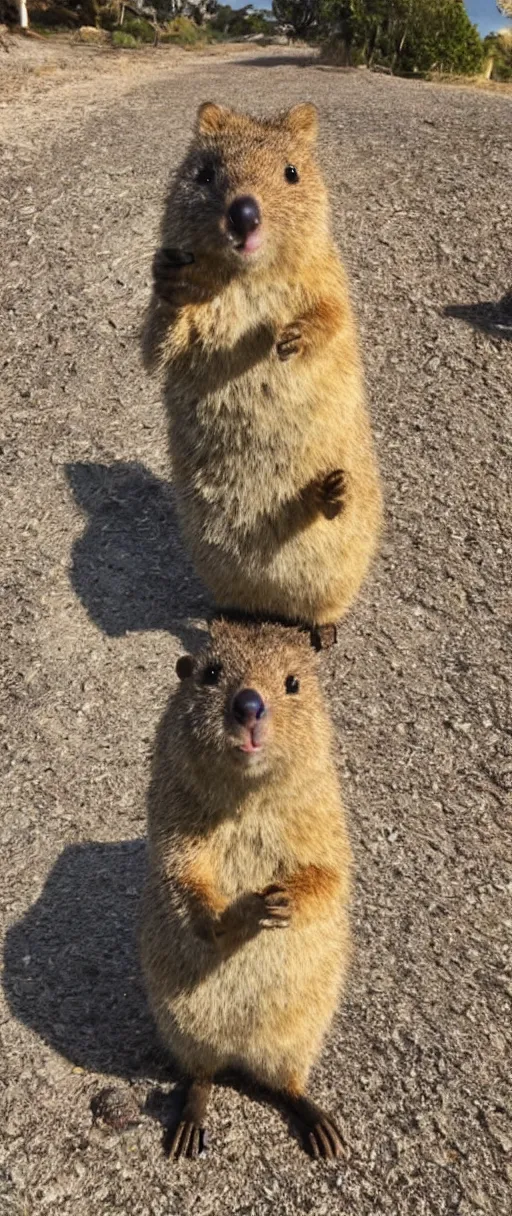 Image similar to happy quokka taking a selfie and smoking a joint, golden hour, ultra realistic