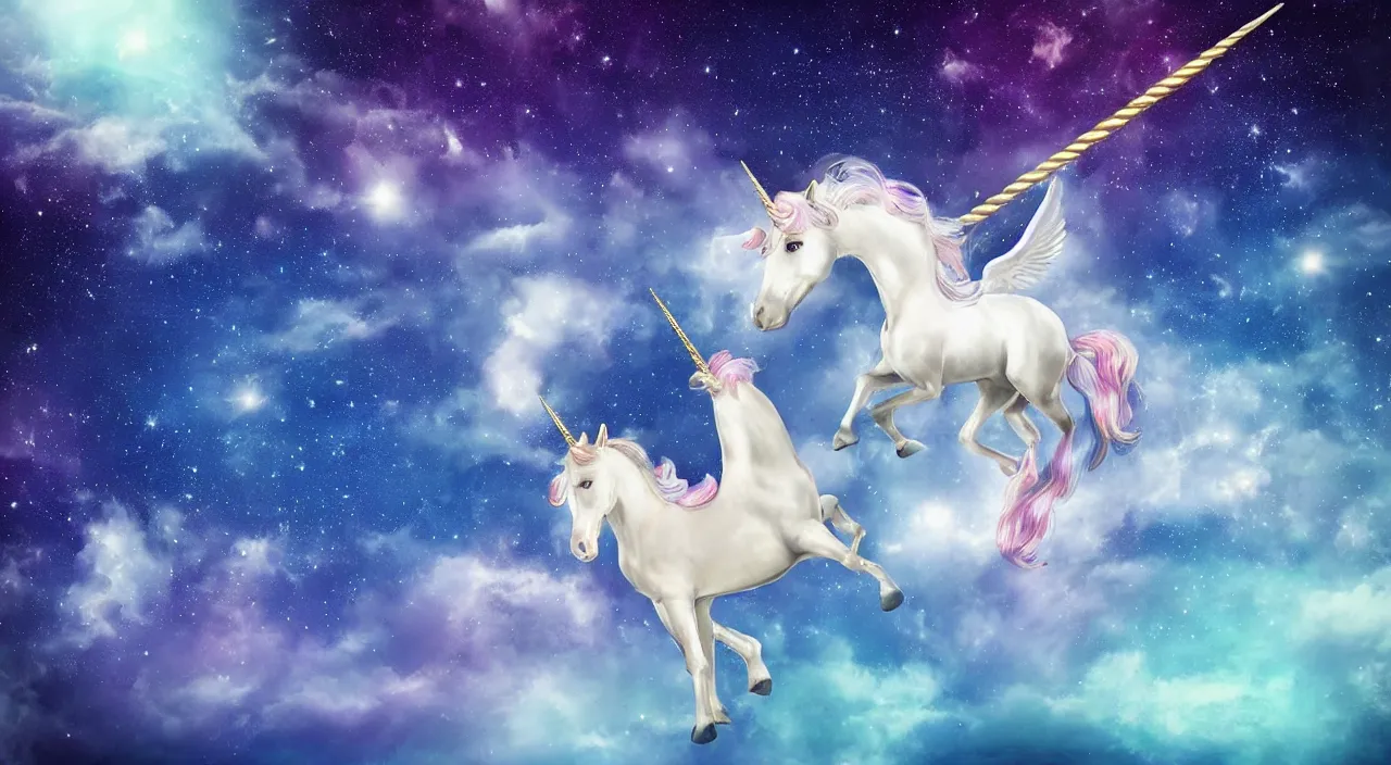 Image similar to a beautiful unicorn with wings flying in space