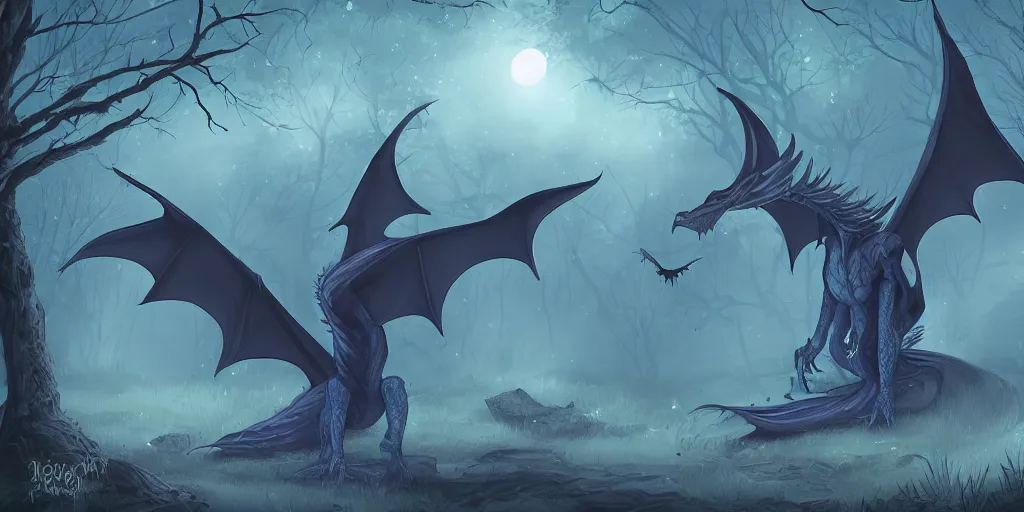 Image similar to mysterious witch dragon at night, in the forest, digital art