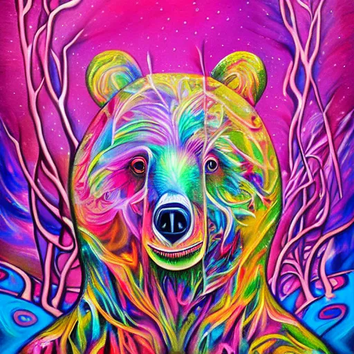 Image similar to a painting of a bear in a tree, an airbrush painting by lisa frank, trending on deviantart, psychedelic art, detailed painting, airbrush art, acrylic art