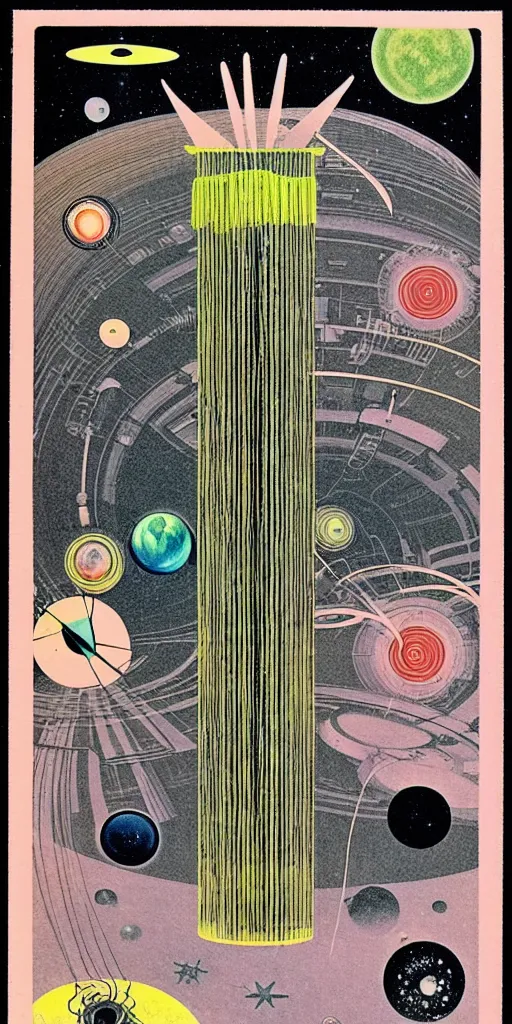 Image similar to 1968 science fiction tarot card, cut out collage, Jugendstil, xerox punk, spring on Saturn, epic theater, deep sea, mountain plants, nouvelle vague, drawings in part by moebius, part by Ernst Haekl, text by William S Boroughs, composition by bauhaus