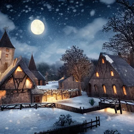 Image similar to a medieval village at night with the moon in the sky realistic, Artstation, snowy