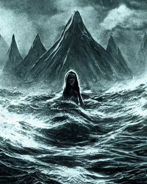 Prompt: dark deep waters in which tolkien's creations are hidden