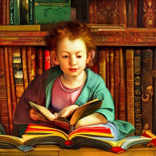 Prompt: photorealistic illustration of a beautiful child reading books, beautifully portrayed inside a futuristic maximalist hyperdetailed room. in the style of Caravaggio, Michelangelo, Paul Gauguin, Modigliani, with flemish baroque vibrant shiny maximalist mixed media 3d textures in soft pastel tones. matte background. HD HD HDR high res 8x sharp