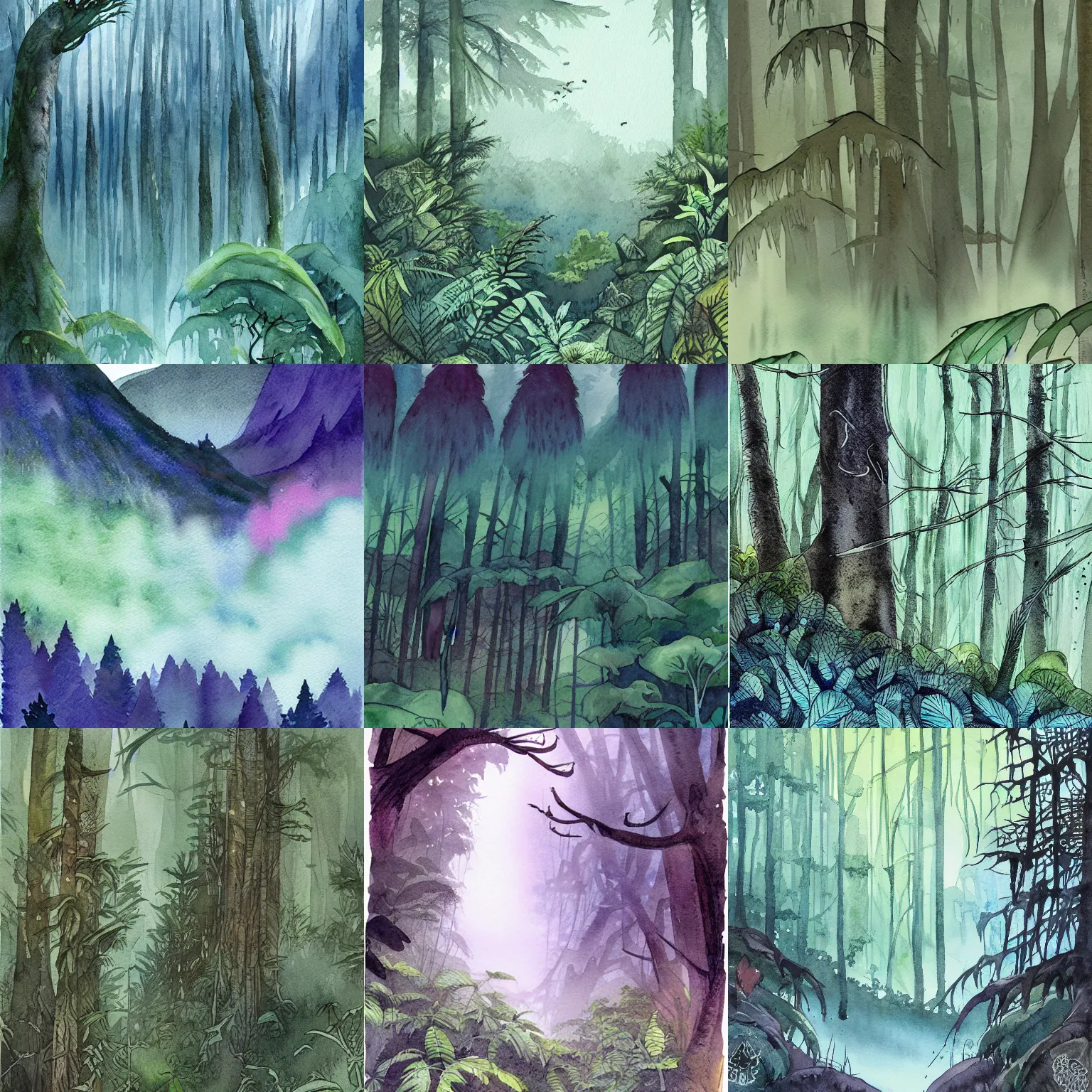 Prompt: cloud forest, detailed watercolor illustration by tim doyle
