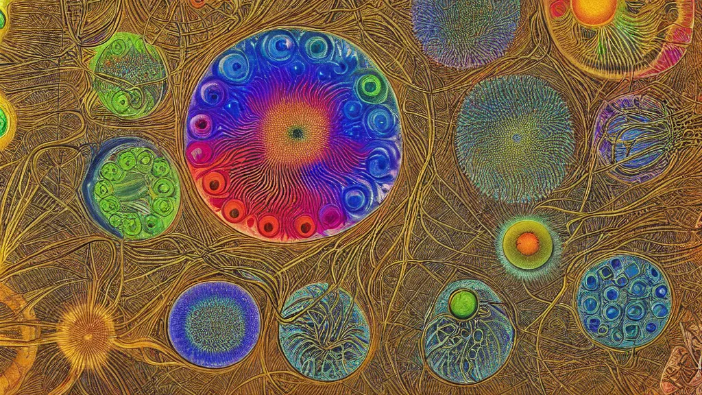 Image similar to quantum connections represented as symbiotic organisms like cells playing around with colorful lights by ernst haeckel, gas