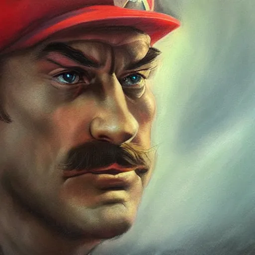 Prompt: an ultra - realistic portrait painting of mario in the style of frank frazetta. 4 k. ultra - realistic. highly detailed. dark fantasy. epic lighting.