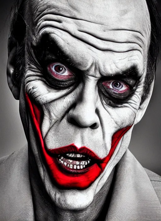 Prompt: photo of Hugo Weaving as the Joker by Lee Jeffries , big smile, head shot, detailed, award winning, Sony a7R