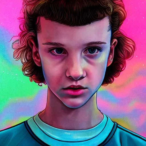 Prompt: beautiful side portrait of Eleven from Stranger things in a scenic!!! Environment!! by martine johanna, lines ,figurativism!, portrait,