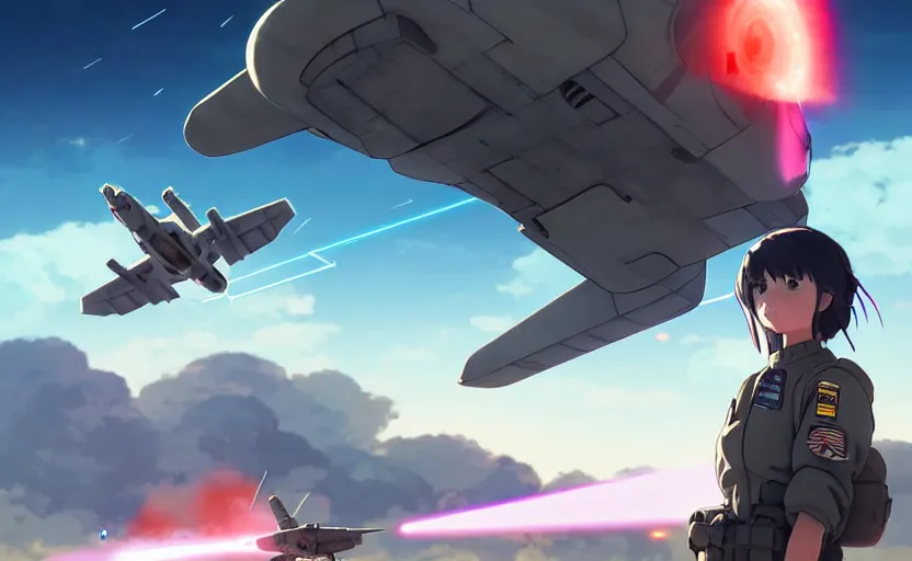 Prompt: portrait of pilot girl with jet strike units, dogfighting a ufo with lasers, black sky background, battlefield landscape, illustration concept art anime key visual trending pixiv fanbox by wlop and greg rutkowski and makoto shinkai and studio ghibli and kyoto animation, soldier clothing, modern air combat