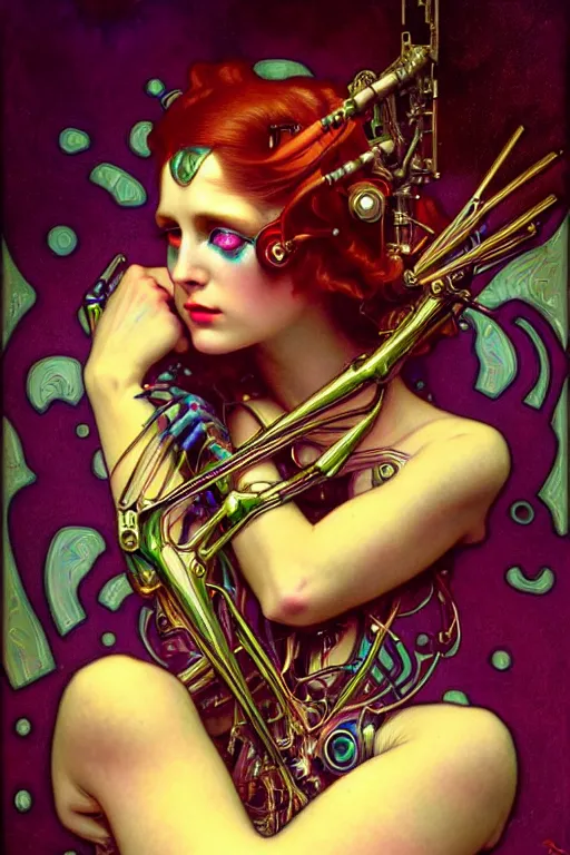 Image similar to young and beautiful evil prismatic cyborg goddess by future steichen in the style of tom bagshaw, alphonse mucha, gaston bussiere, cyberpunk. anatomically correct elegant cybernetic body mods. extremely lush detail. masterpiece. melancholic scene infected by night. perfect composition and lighting. sharp focus. high contrast lush surrealistic photorealism. sultry evil.