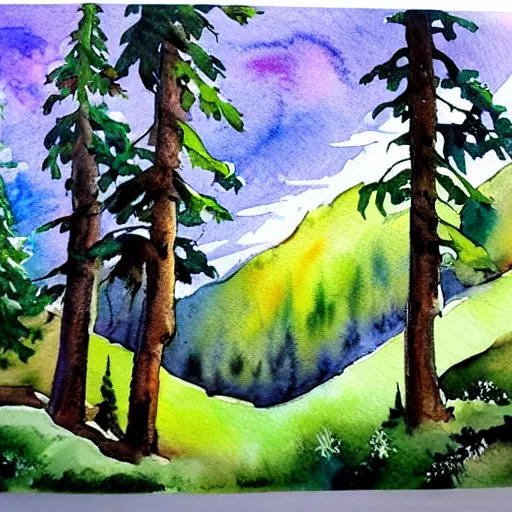 Image similar to https : / / s. mj. run / ykodba 4 hx 8 w, watercolor mountains painting, white swirls, forest