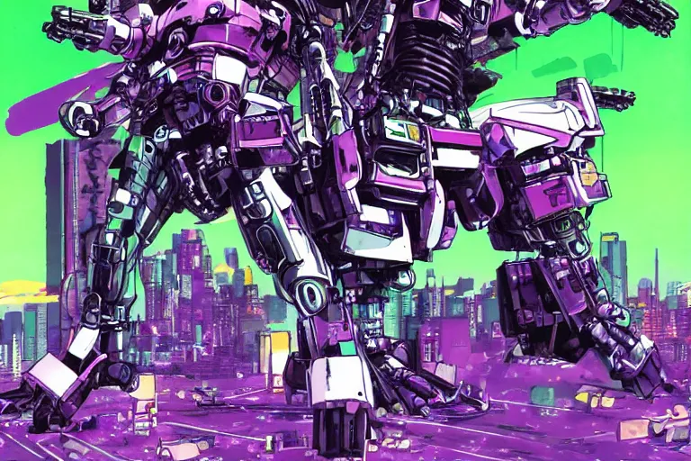 Image similar to mecha fighting against young biker in neo tokyo, very detailed, cyberpunk, akira anime, artwork, violet green magenta details, art by katsuhiro otomo