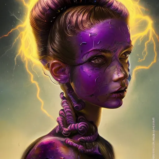 Image similar to detailed photo portrait of a furious teen girl with thin, hair-like purple tentacles on her head and bright purple eyes, 8k,by tristan eaton, Stanley Artgermm,Tom Bagshaw,Greg Rutkowski,Carne Griffiths,trending on DeviantArt, face enhance,hyper detailed ,full of colour, dramatic lightning