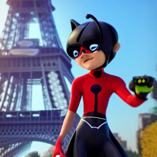 Image similar to dynamic angle of superheroe Marinette Dupain-Cheng from Miraculous: Tales of Ladybug & Cat Noir action pose in front of the eiffel tower, octane render, close-up, fresh, sunny day