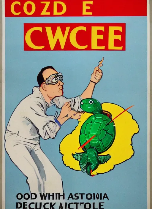 Image similar to cold war civil defense poster teaching survival secrets for atomic attacks, duck and cover with bert the turtle,