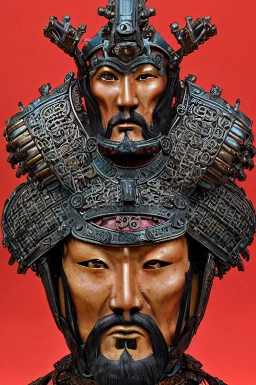 Image similar to a dramatic full-color art nouveau and ironpunk styled bust portrait of genghis khan as a godlike and stoic alien king, with violent conquering eyes, extremely detailed mongolian art nouveau cybernetic armor and an intricately detailed crown of cosmic power, perfectly symmetrical mongol facial structure and framework, handsome yet brutal alien facial characteristics, by michael kaluta, michael whelan and travis charest, dark sci-fantasy, deeply ornate complexity, alien-human hybrid male face and bust, sci-fi character concept, photorealism, art nouveau framing, stunning lighting, hyperrealism, 8k