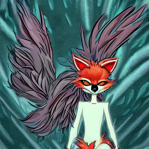 Prompt: styalized fox character, long fluffy fur, skull shaped mask, mage clothes inspired by a peacock, 9 brilliant peacock tails, painted by genndy tartakovsky, stylized, vhs effect, 8 0 s commercial, dnd beyond, chromatic aberration, fae, neon