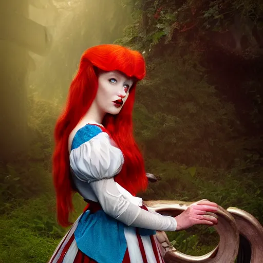 Image similar to red head queen, alice in wonderland theme, disney photo realistic, octane render, 8 k, unreal engine, hd, cinematic lighting