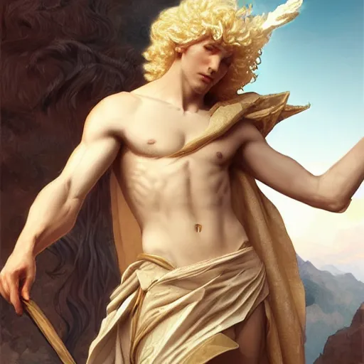 Image similar to Apollo the pale blond Greek God league of legends on his day off, long fluffy curly blond hair, highly detailed, digital painting, artstation, concept art, smooth, sharp focus, illustration, ArtStation, art by artgerm and greg rutkowski and alphonse mucha and Edmund Blair Leighton and Charlie Bowater
