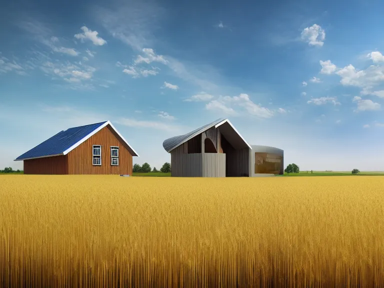 Image similar to hyperrealism concept art design of beautiful eco house in small ukrainian village, wheat field behind the house