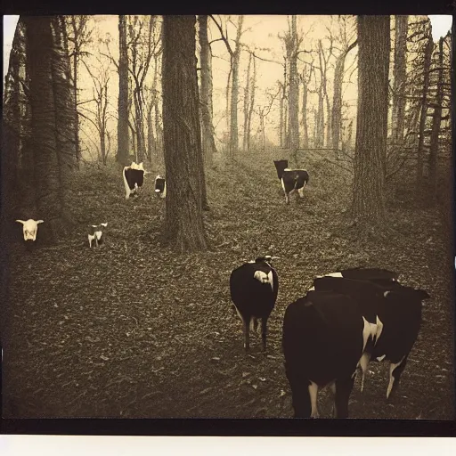 Prompt: polaroid photograph of several cows looking at the camera, in creepy forest, night, eyes glowing from camera flash