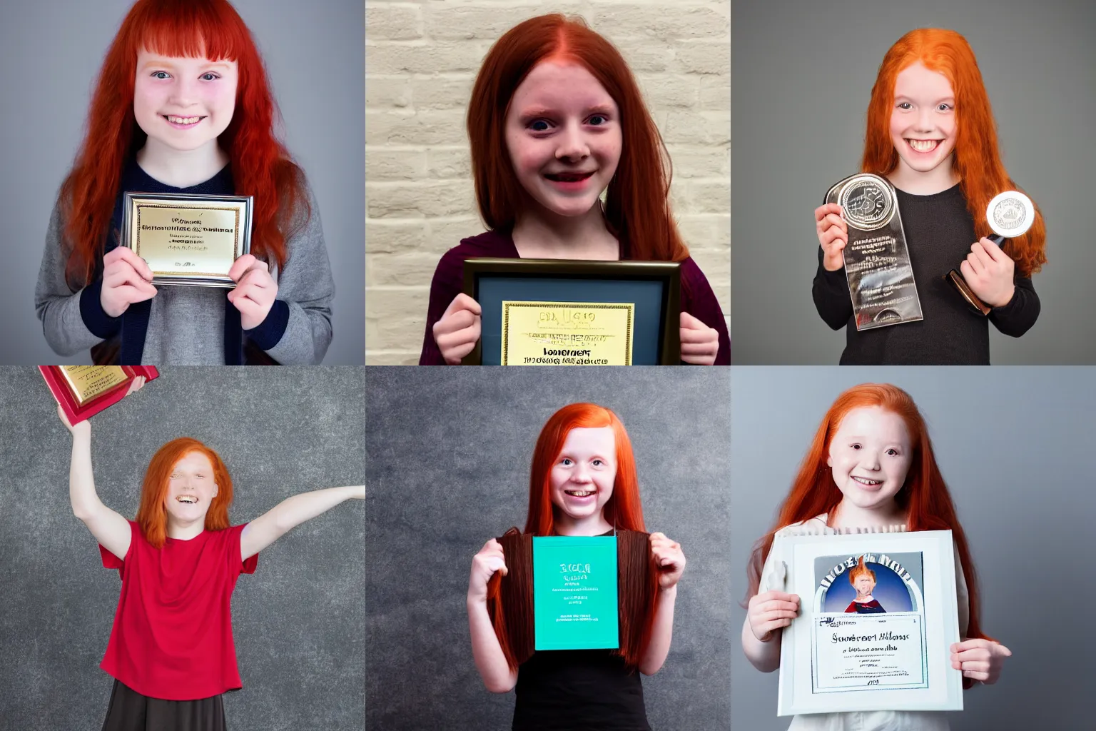 Prompt: Photograph of an excited 10 year old red haired girl holding up an award for worst student of the year, studio quality, studio lighting, highly detailed, stunning, award winning