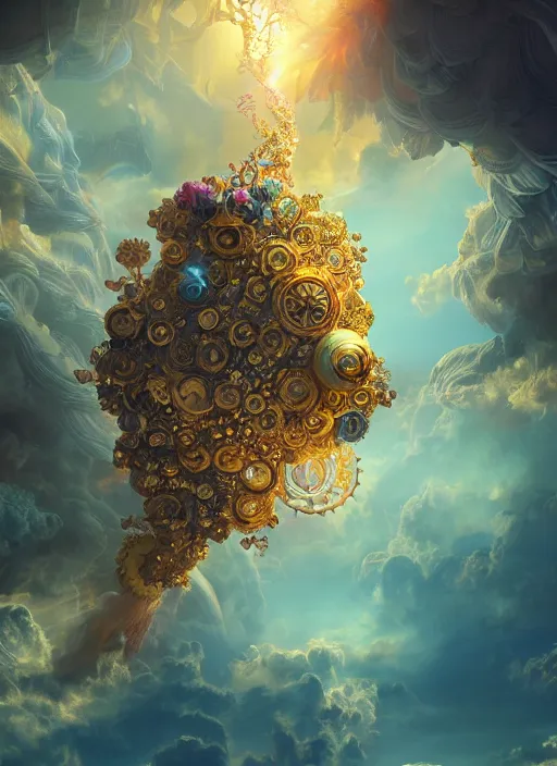 Image similar to flowers within the whole infinite capsule apparent with awe the apparition, an idea seep's into infinity highly detailed in volumetric latent space, golden turquoise steampunk, high contrast cinematic light, mystical shadows, sharp focus, divine realm of gods, octane render, artist by boris vallejo,