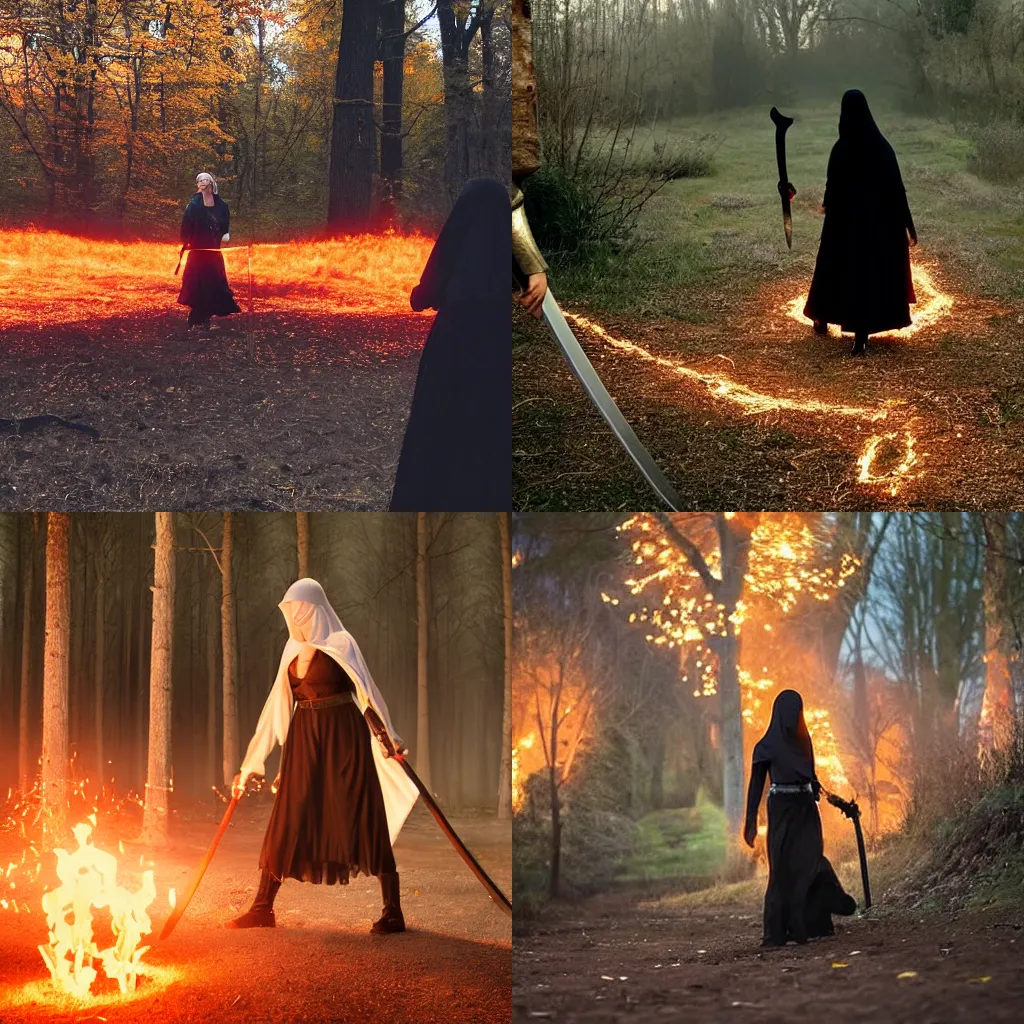 Prompt: A woman walking towards us. She is cloaked in darkness, siilloeted. The woman's eyes glow white. The woman is dragging a long sword in her right hand. the long sword is sparking along the ground making orange embers. The woman is being backlit by the embers coming off of the axe. The woman wears a skirt made out of feathers. Behind the woman and the orange embers are trees.