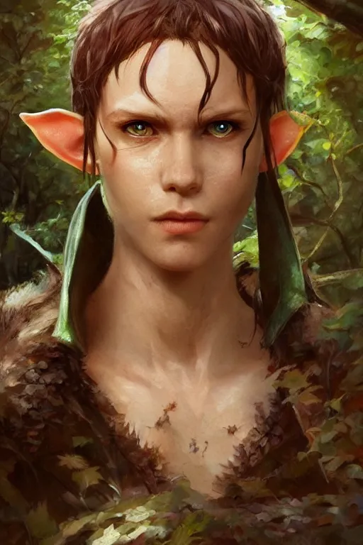 Image similar to dungeons and dragons forest elf character closeup portrait, dramatic light, dungeon background, 2 0 0 mm focal length, painted by stanley lau, painted by greg rutkowski, painted by stanley artgerm, brom, digital art, trending on artstation