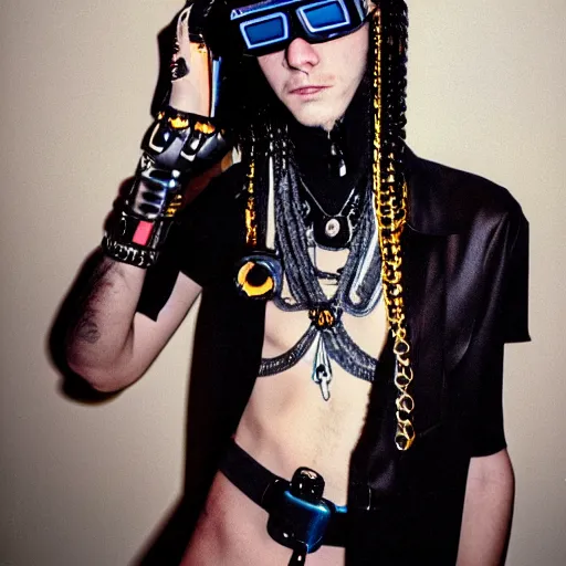 Image similar to kodak portra 4 0 0 photograph of a skinny cybergoth goth guy wearing goggles and eclectic jewelry, moody lighting, telephoto, 9 0 s vibe, blurred background