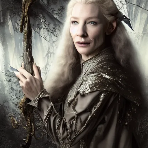 Prompt: portrait of dangerous, playful, mischievous young Galadriel (Cate Blanchett) as a queen of elves, dressed in a refined silvery garment. The background is a dark, chilling eastern europen forrest. night, horroristic shadows, higher contrasts, (((lumnious))), dramatic, character concept art by ruan jia, thomas kinkade, and J.Dickenson, trending on Pinterest