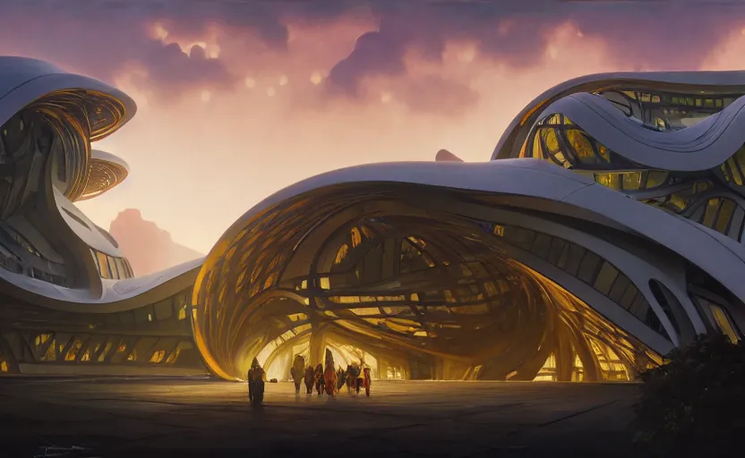 Image similar to exterior shot of utopian architecture school with cinematic lighting by zaha hadid and renzo piano, darek zabrocki and greg ruthkowski, alphonse mucha, simon stalenhag, cinematic, paradise, scifi, futurism, atmospheric, sunset, concept art, artstation, trending on artstation