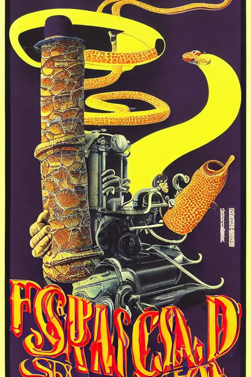 Prompt: poster for the 1 9 8 7 movie'formosan snake oil ', directed by federico fellini, starring donald sutherland and uncle aloysius, poster by ed roth and basil wolverton ), crisp
