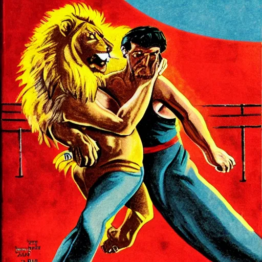 Prompt: Samson wrestling the lion, pulp science fiction illustration