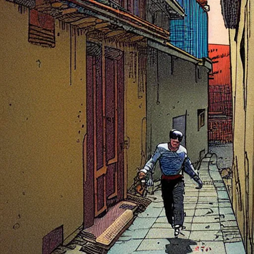 Image similar to a man running down an alley in hong kong, art by moebius