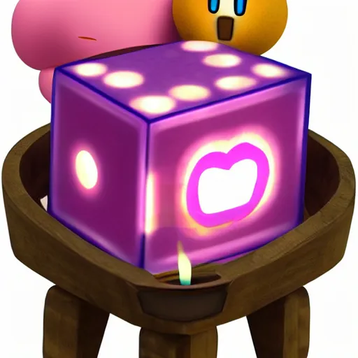 Image similar to kirby eating dinner with companion cube from the game portal, romantic, candlelight, realistic, photo