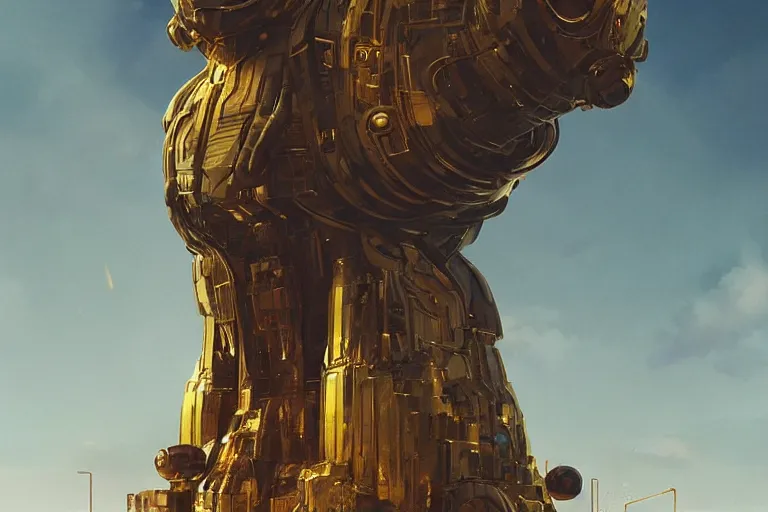 Image similar to a gigantic golden statue in a middle of the dead city, sci fi, art by mike winkelmann, trending on cgsociety, retrofuturism, darksynth, sci - fi