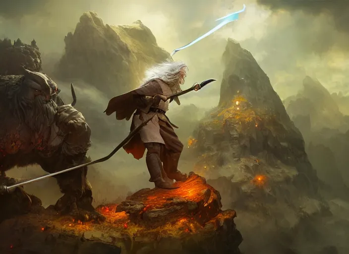 Prompt: A diorama of Gandalf fighting the balrog, tilt shift, detailed, high fantasy, soft lighting, by Ruan Jia and Mandy Jurgens