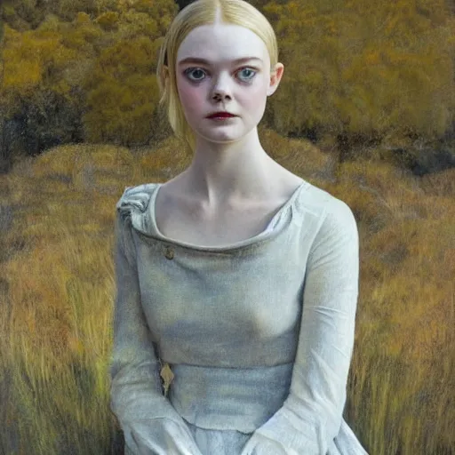 Prompt: a striking hyper real oil painting of Elle Fanning with cybernetics by Andrew Wyeth