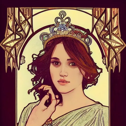 Image similar to megan markle portrait by louis - theophile hingre and alphonse mucha, realistic, sharp focus, zodiac signs, tarot cards, planets, ethereal, art nouveau, magic, moon, sun, crown, dreamy, royal, jewellery