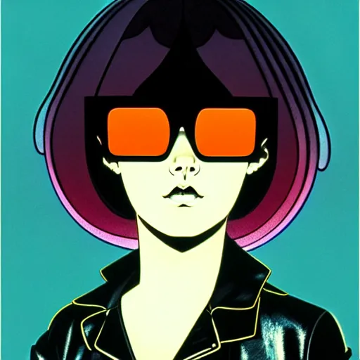 Prompt: a representative chubby young goth girl an asymmetrical ombre mohawk wearing oversized euro glasses and a leather jacket. anaglyph lighting, detailed character design, melancholic flat vector geometric minimalism by oskar schlemmer, moebius, nagel, john berkey, oil on canvas, portrait facial head, featured on artstation, hd wallpaper, anime art nouveau