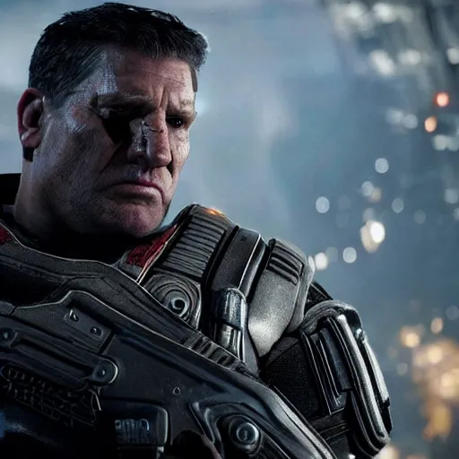 Image similar to Movie still of Donald Trump as ((the punisher)) in Gears of War, splash art, movie still, detailed face, photorealistic facial features, cinematic lighting, dramatic, octane render, long lens, shallow depth of field, bokeh, anamorphic lens flare, 8k, hyper detailed, 35mm film grain