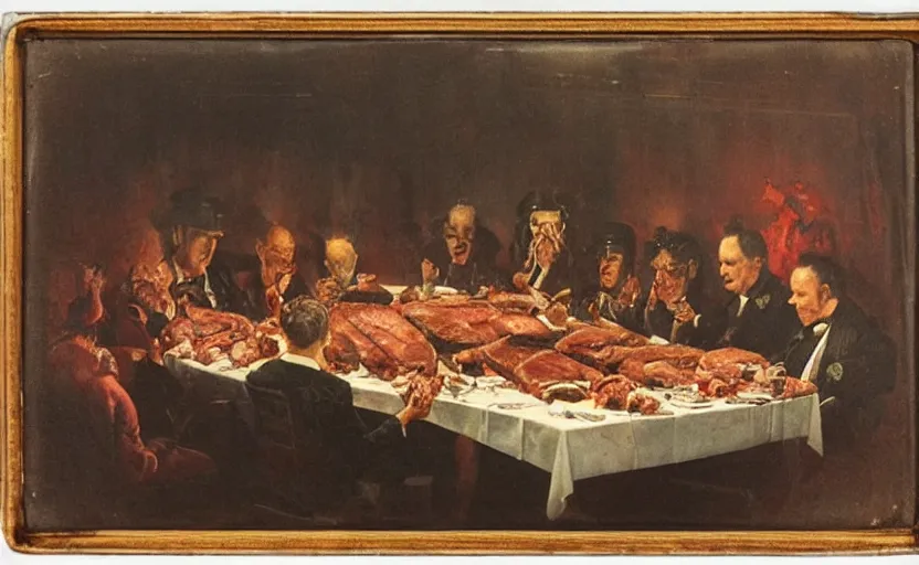 Image similar to daguerreotype of a formal dinner party involving a great deal of meat on a table in a dark kitchen watched by a fat monster in one corner, painted by rick berry and norman rockwell and zdzislaw beksinski, highly detailed