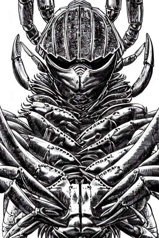 Image similar to human warrior, crab themed armour, crab claws symmetrical, highly detailed, digital art, needles, sharp focus, trending on art station, kentaro miura manga art style