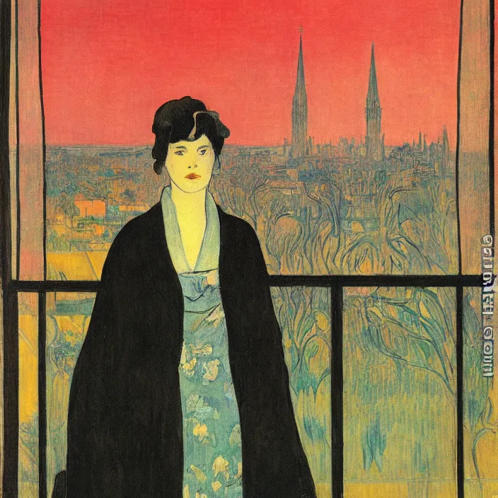 Image similar to portrait of sad woman and persian cat with city with gothic cathedral and tall trees seen from a window frame with curtains. sunset. mikalojus konstantinas ciurlionis, henri de toulouse - lautrec, utamaro, matisse, monet