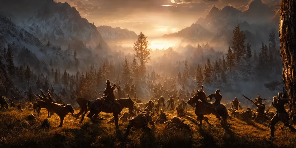 Prompt: the elder scrolls vi, epic battle scene in the mountain valley, atmospheric lighting, painted, intricate, volumetric lighting, beautiful, daytime, sunny weather, slight overcast, golden hour, sharp focus, deep colours, ultra detailed, by leesha hannigan, ross tran, thierry doizon, kai carpenter, ignacio fernandez rios