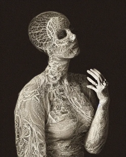 Image similar to a woman's face in profile, long flowing hair entwined in intricate decorative lace leaf skeleton, in the style of the dutch masters and gregory crewdson, dark and moody