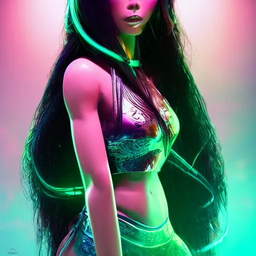 Prompt: a portrait of a full body beautiful futuristic asian hula girl, young with long hair, bioluminescence, hyper - realistic, very detailed, intricate, very sexy pose, slight smile expression, unreal engine, dramatic cinematic lighting rendered by octane, 8 k, detailed