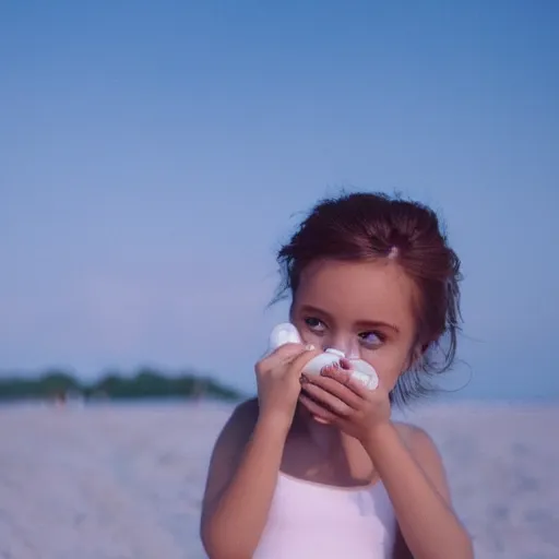 Image similar to girl with blue lips chewing bubble gum on a white sand beach 4k quality super realistic